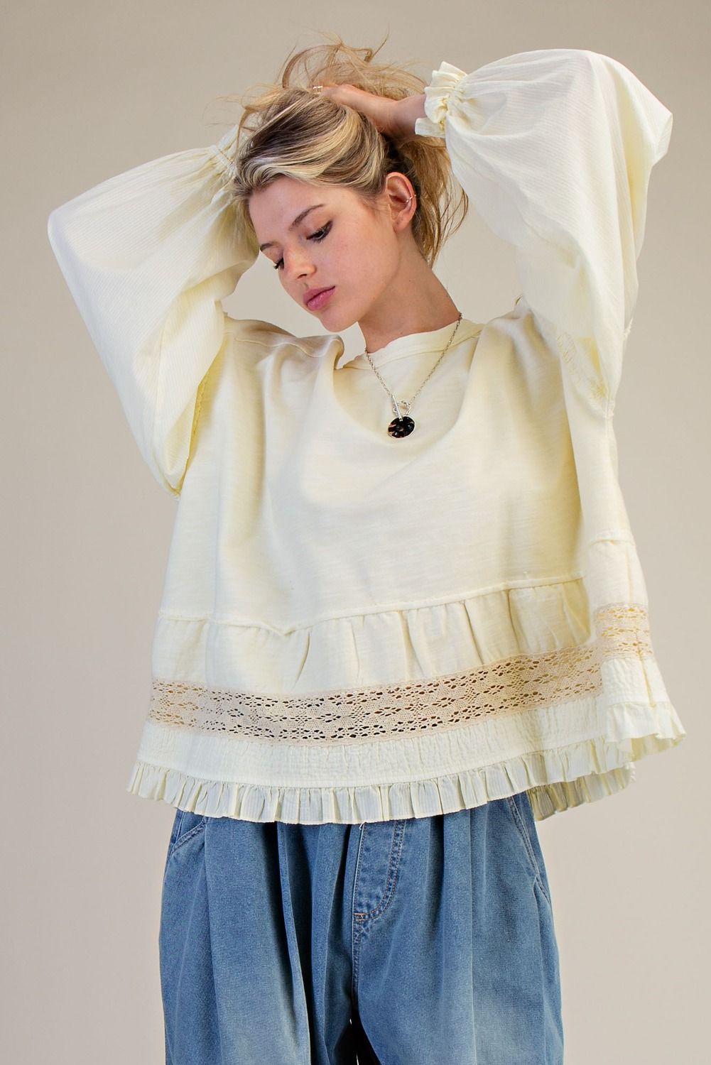 Easel Cotton Top with Mixed Lace Ruffle Hem in Butter Yellow