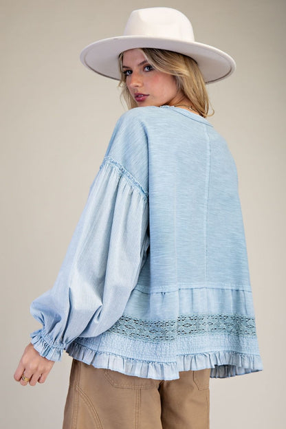 Easel Cotton Top with Mixed Lace Ruffle Hem in Denim Blue