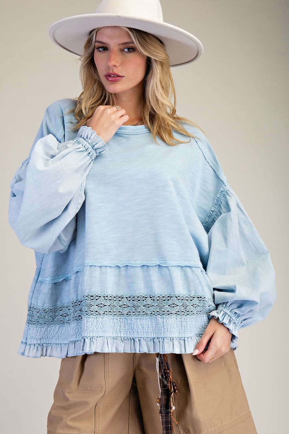 Easel Cotton Top with Mixed Lace Ruffle Hem in Denim Blue