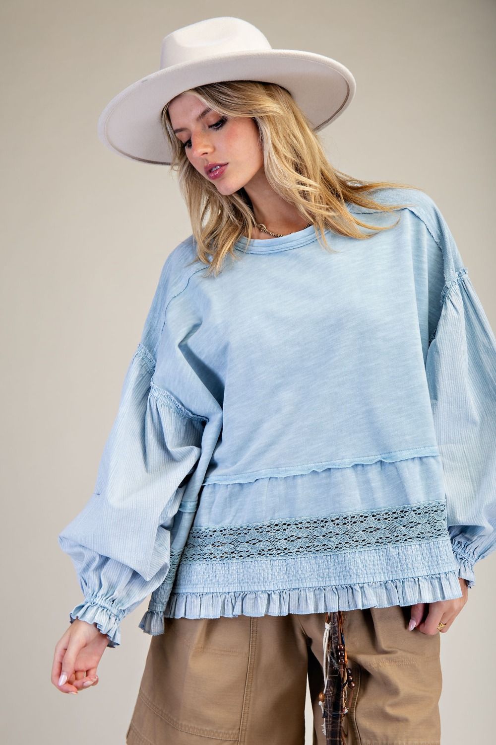 Easel Cotton Top with Mixed Lace Ruffle Hem in Denim Blue
