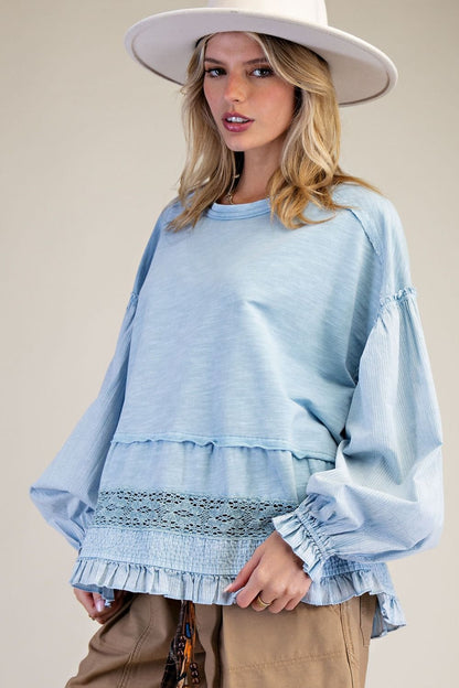 Easel Cotton Top with Mixed Lace Ruffle Hem in Denim Blue