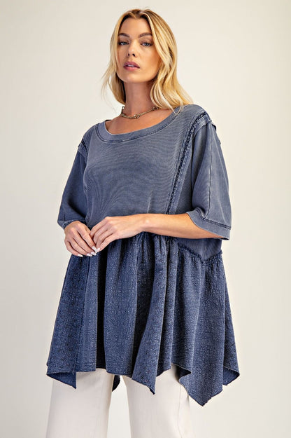 Easel Waffle Knit and Floral Textured Babydoll Top in Blueberry