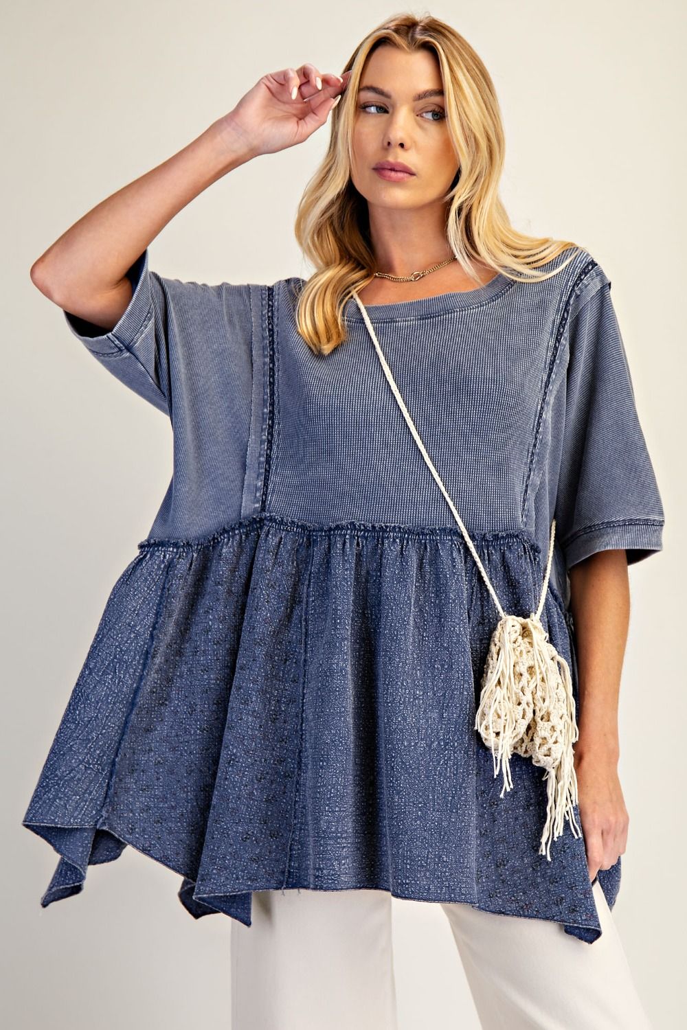 Easel Waffle Knit and Floral Textured Babydoll Top in Blueberry