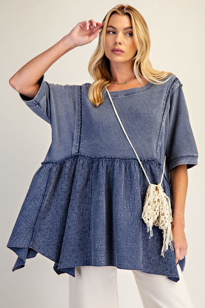 Easel Waffle Knit and Floral Textured Babydoll Top in Blueberry