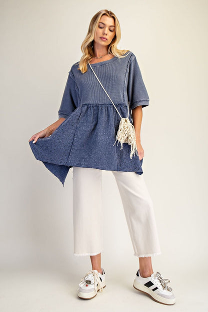 Easel Waffle Knit and Floral Textured Babydoll Top in Blueberry