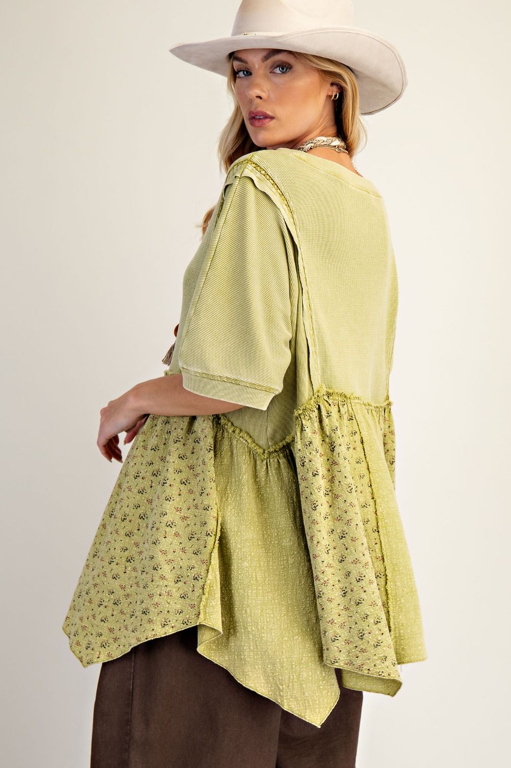 Easel Waffle Knit and Floral Textured Babydoll Top in Olive