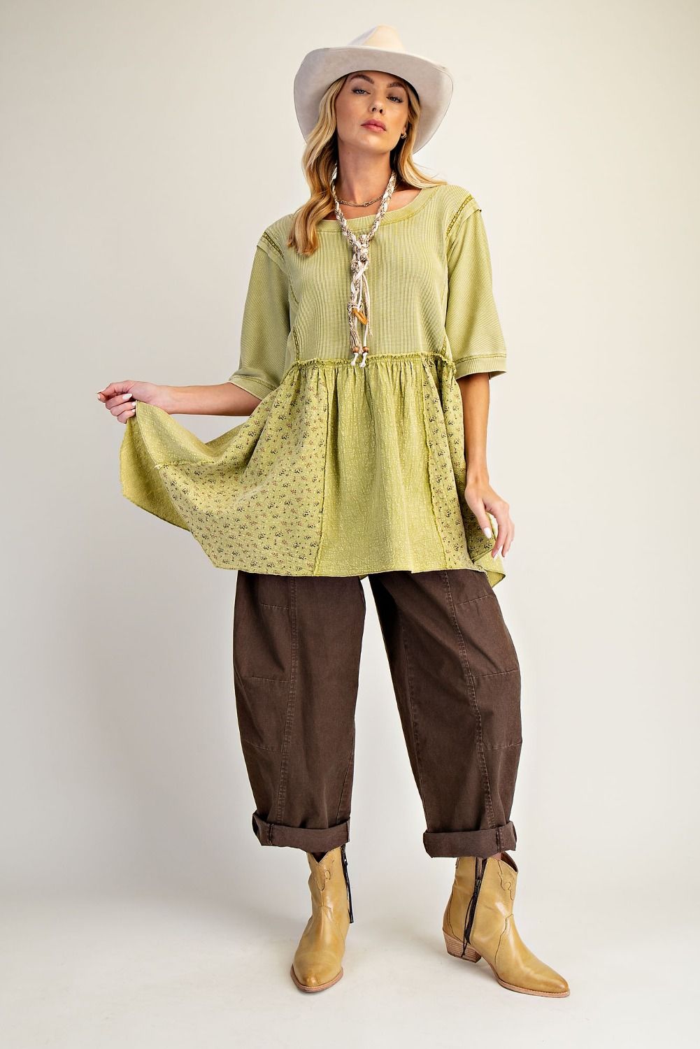 Easel Waffle Knit and Floral Textured Babydoll Top in Olive