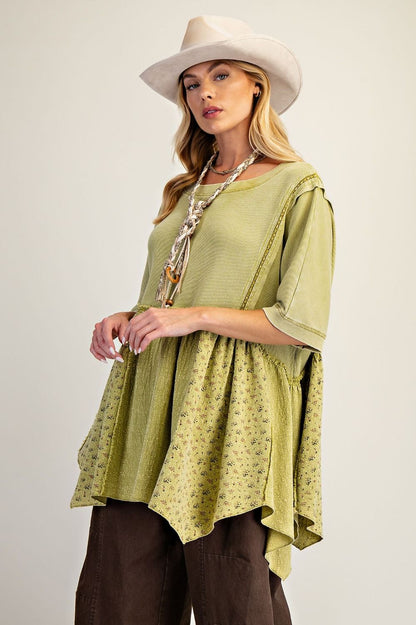 Easel Waffle Knit and Floral Textured Babydoll Top in Olive
