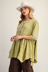 Easel Waffle Knit and Floral Textured Babydoll Top in Olive