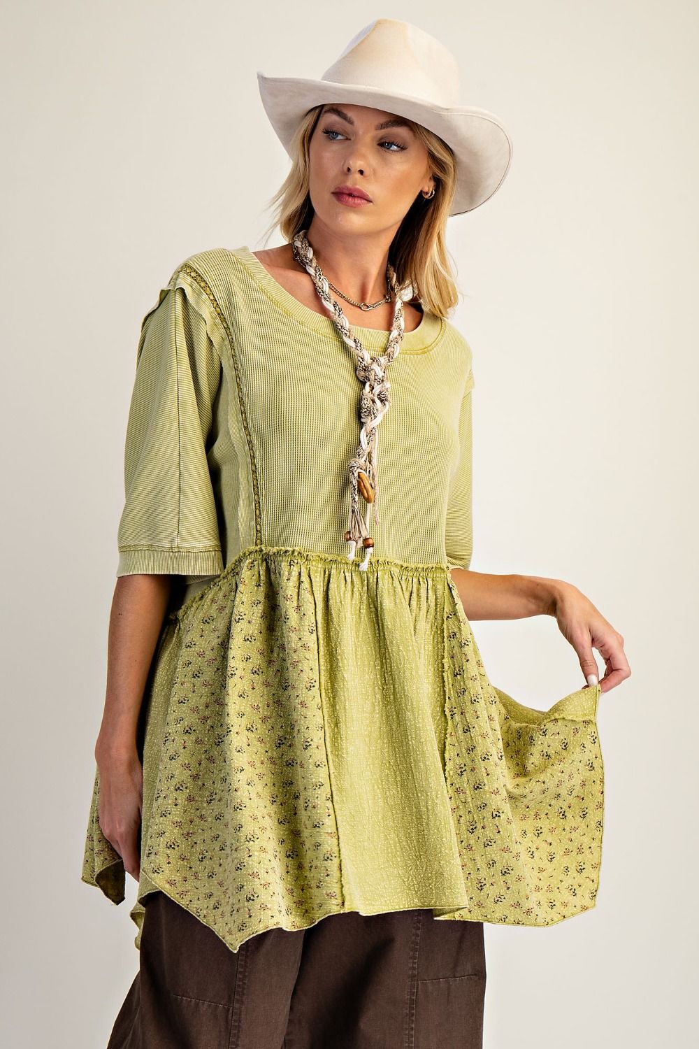 Easel Waffle Knit and Floral Textured Babydoll Top in Olive