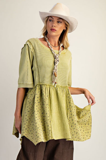 Easel Waffle Knit and Floral Textured Babydoll Top in Olive
