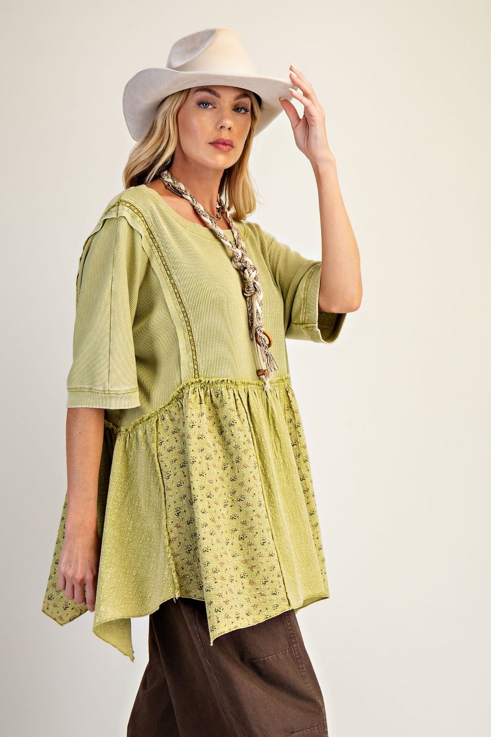 Easel Waffle Knit and Floral Textured Babydoll Top in Olive