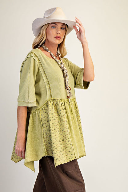 Easel Waffle Knit and Floral Textured Babydoll Top in Olive