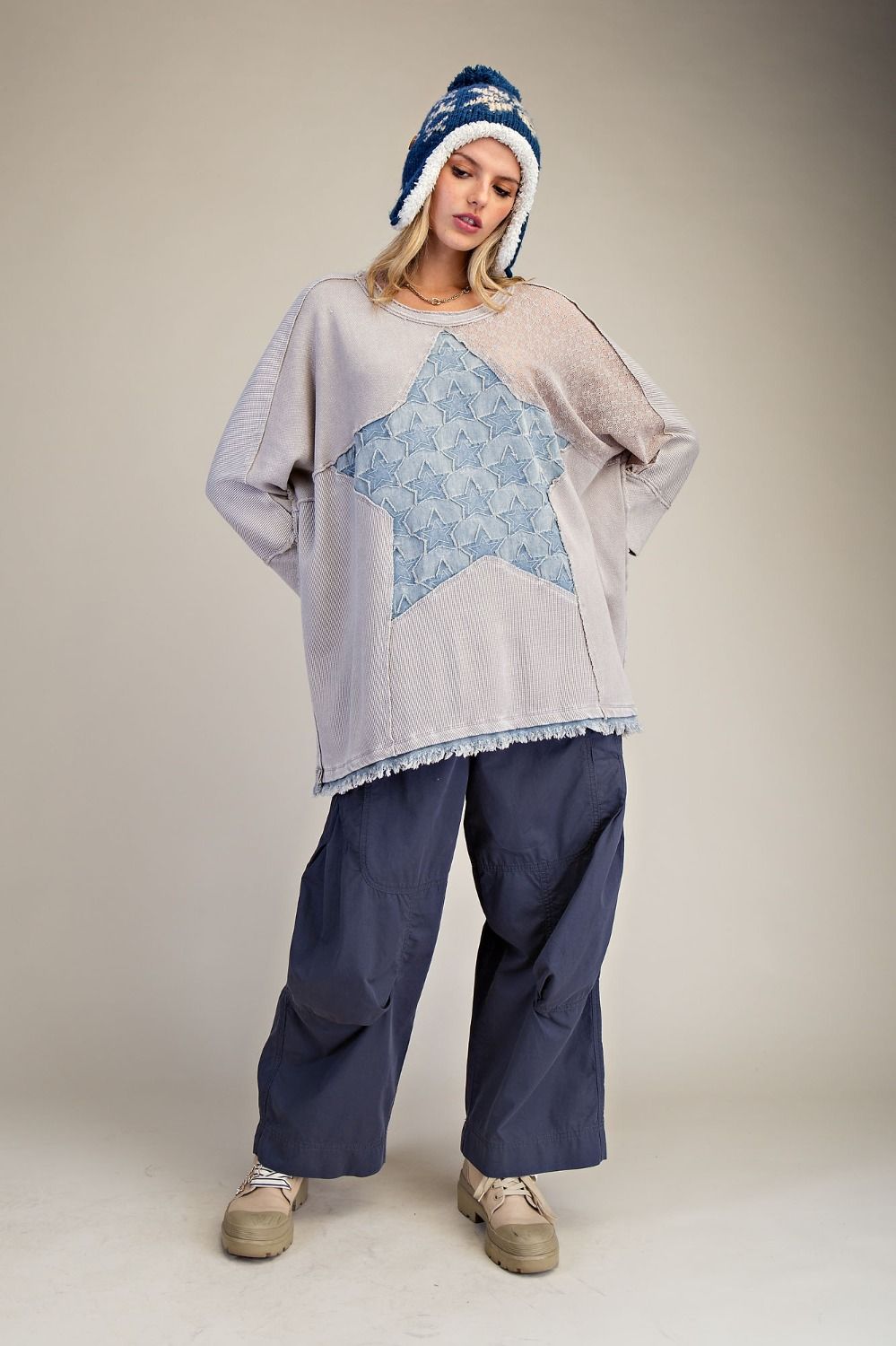 Easel Star patched Waffle Knit Top in Light Ash