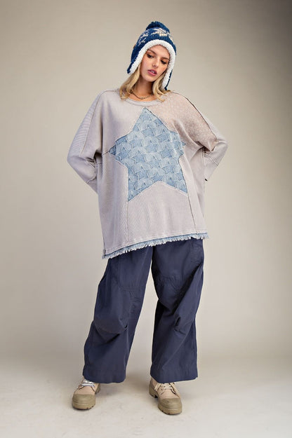 Easel Star patched Waffle Knit Top in Light Ash