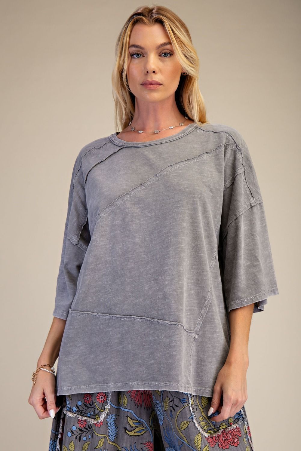 Easel OVERSIZED Mineral Washed Cotton Top in Grey