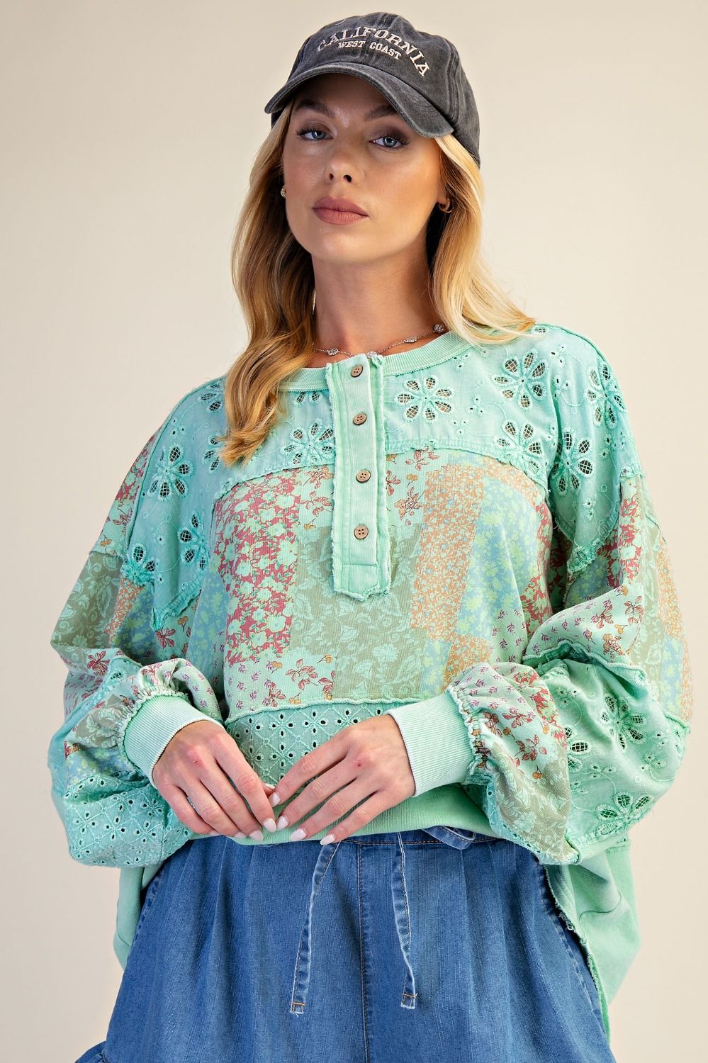 Easel Mixed Print Patchwork Top in Atlantis Green