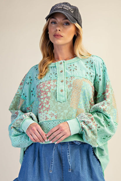 Easel Mixed Print Patchwork Top in Atlantis Green