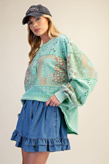 Easel Mixed Print Patchwork Top in Atlantis Green