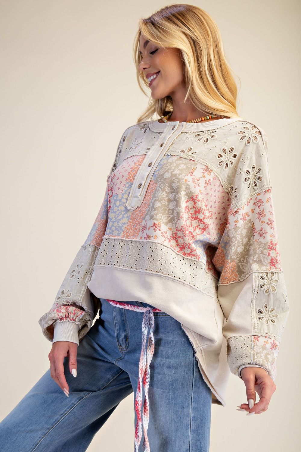 Easel Mixed Print Patchwork Top in Light Khaki