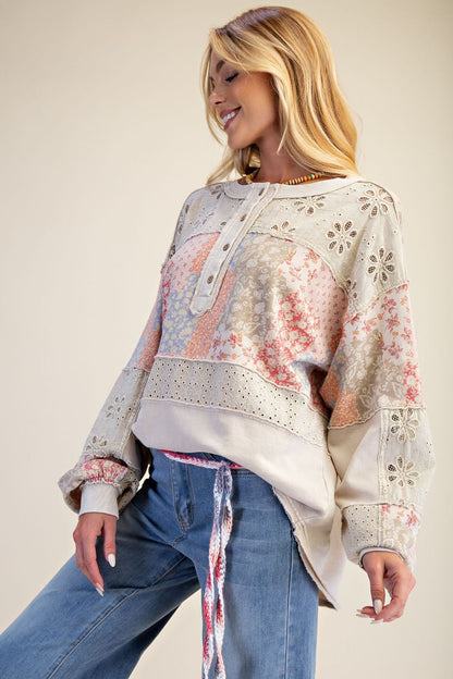 Easel Mixed Print Patchwork Top in Light Khaki