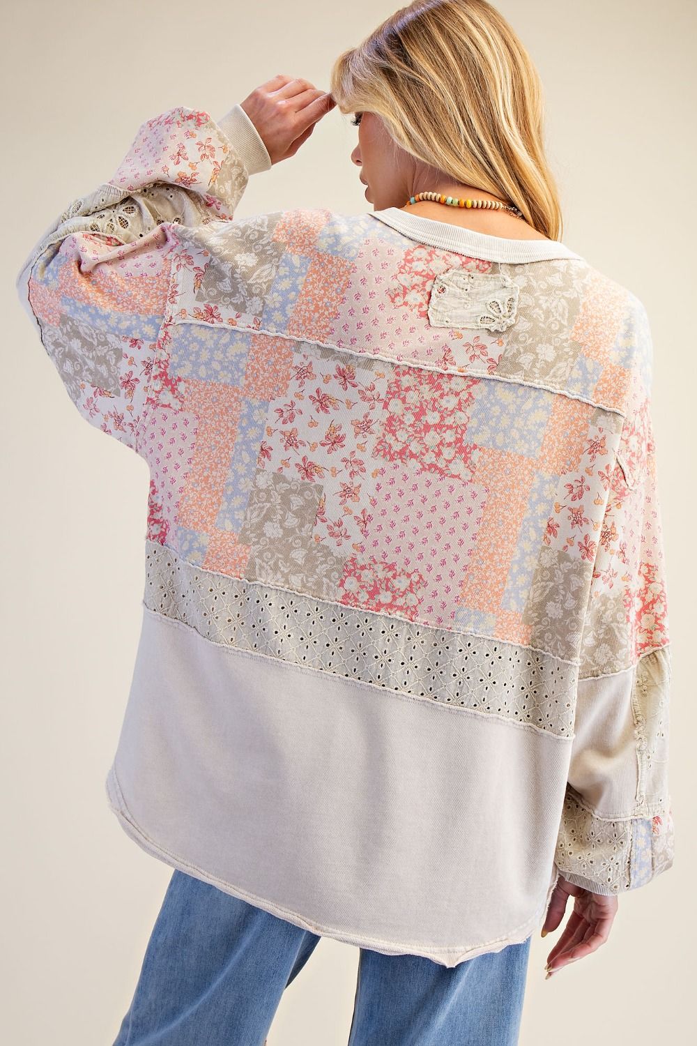 Easel Mixed Print Patchwork Top in Light Khaki