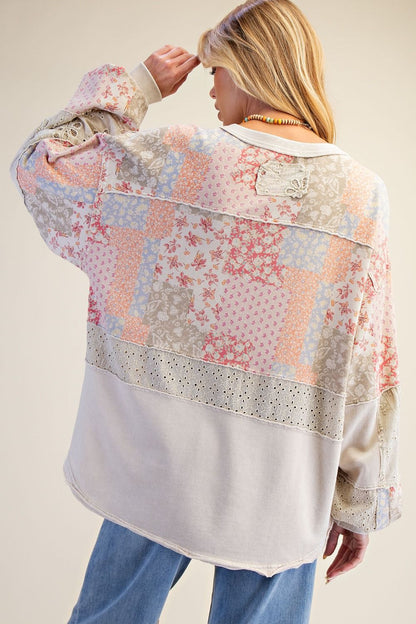 Easel Mixed Print Patchwork Top in Light Khaki