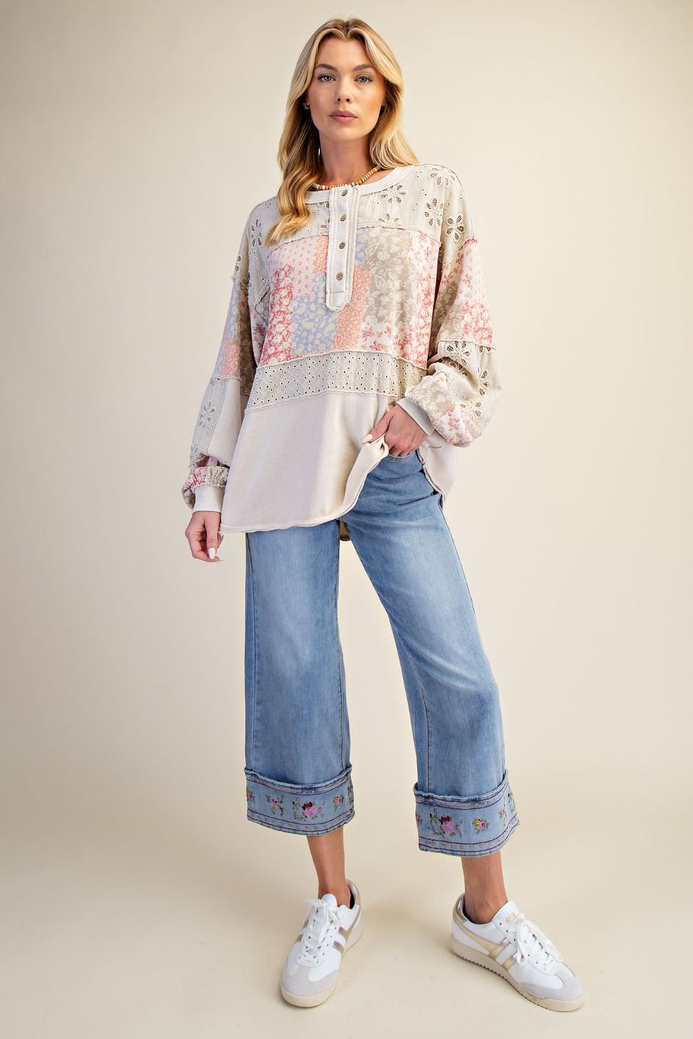 Easel Mixed Print Patchwork Top in Light Khaki