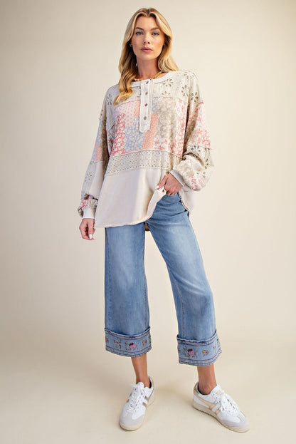 Easel Mixed Print Patchwork Top in Light Khaki