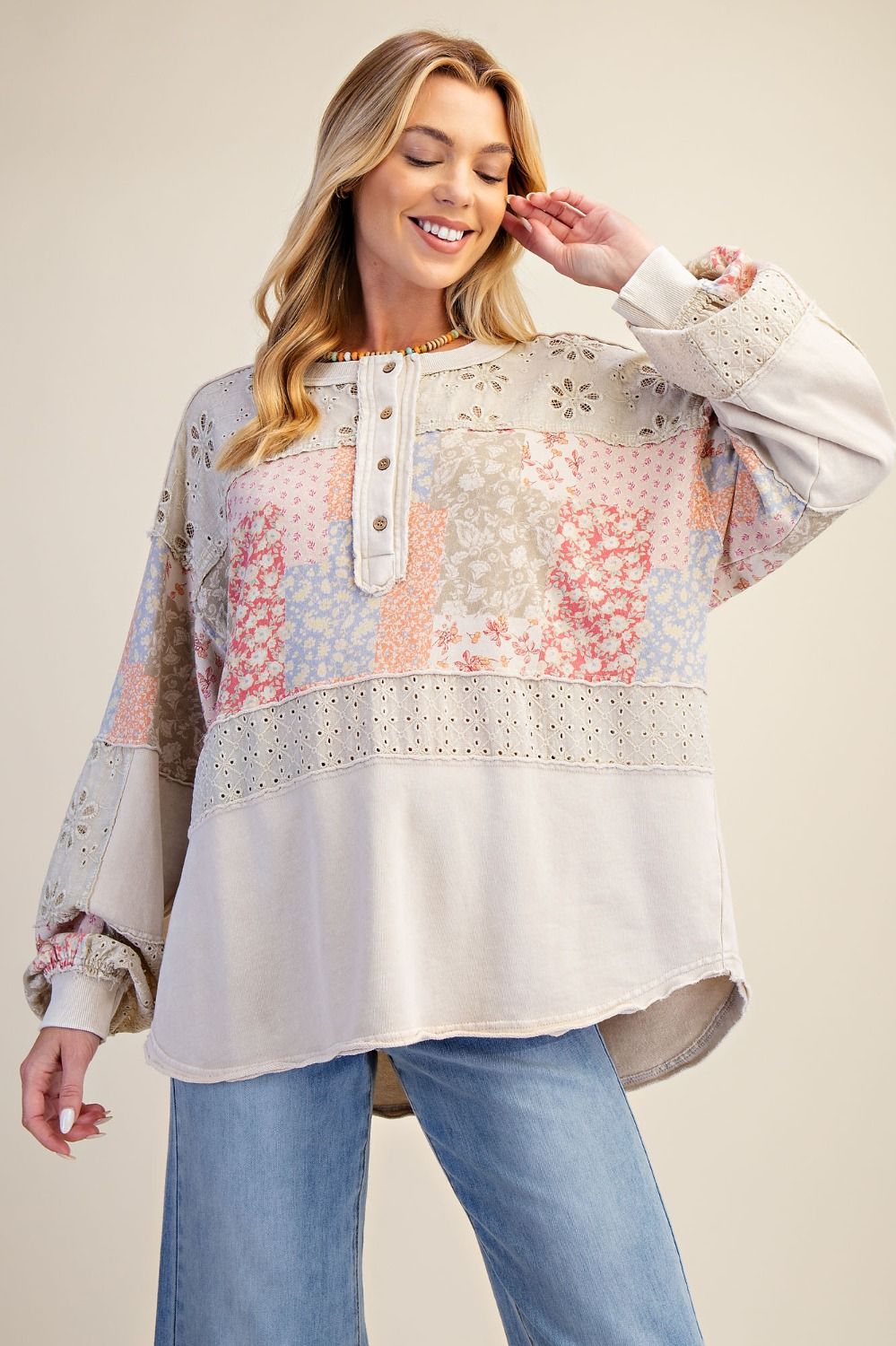 Easel Mixed Print Patchwork Top in Light Khaki