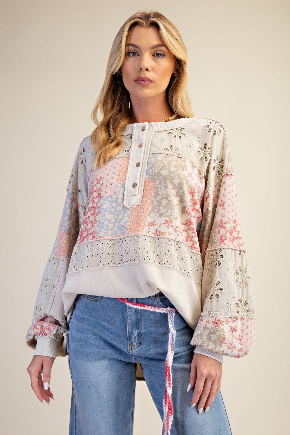 Easel Mixed Print Patchwork Top in Light Khaki