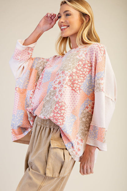 Easel Patchwork Print Loose Fit Top in Blush
