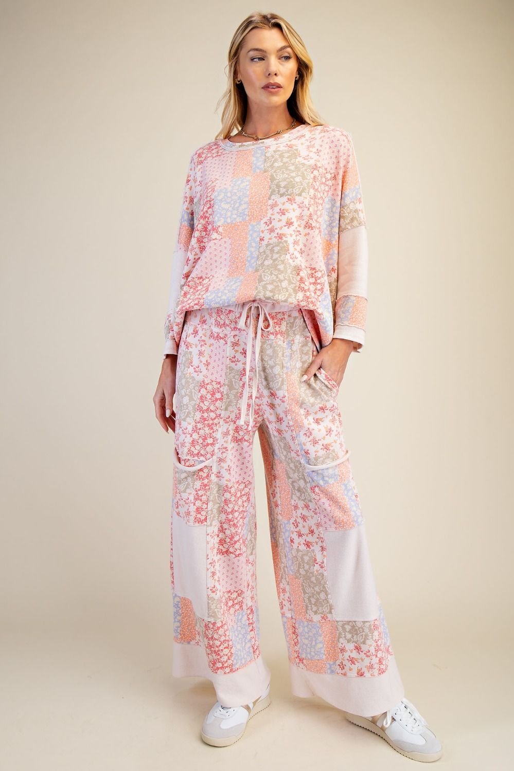 Easel Patchwork Print Loose Fit Top in Blush