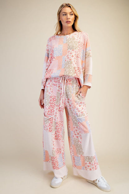 Easel Patchwork Print Loose Fit Top in Blush