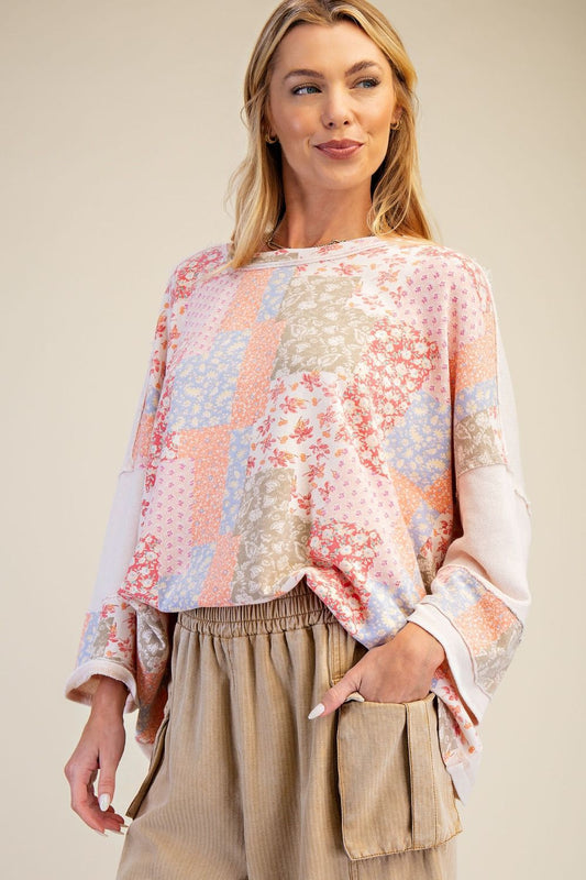 Easel Patchwork Print Loose Fit Top in Blush