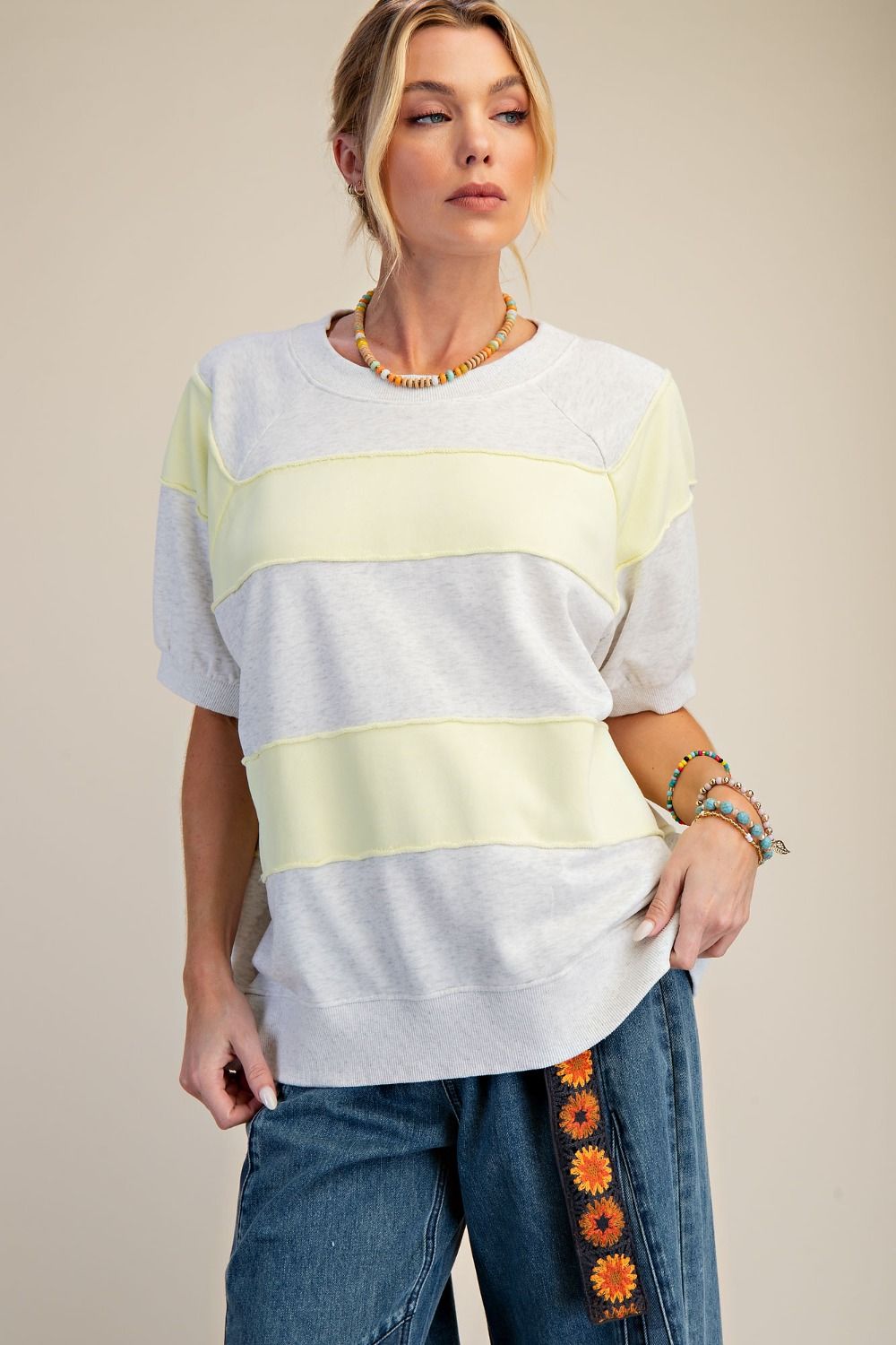 Easel Mineral Washed Boxy Rugby Striped Top in Light Heather Grey