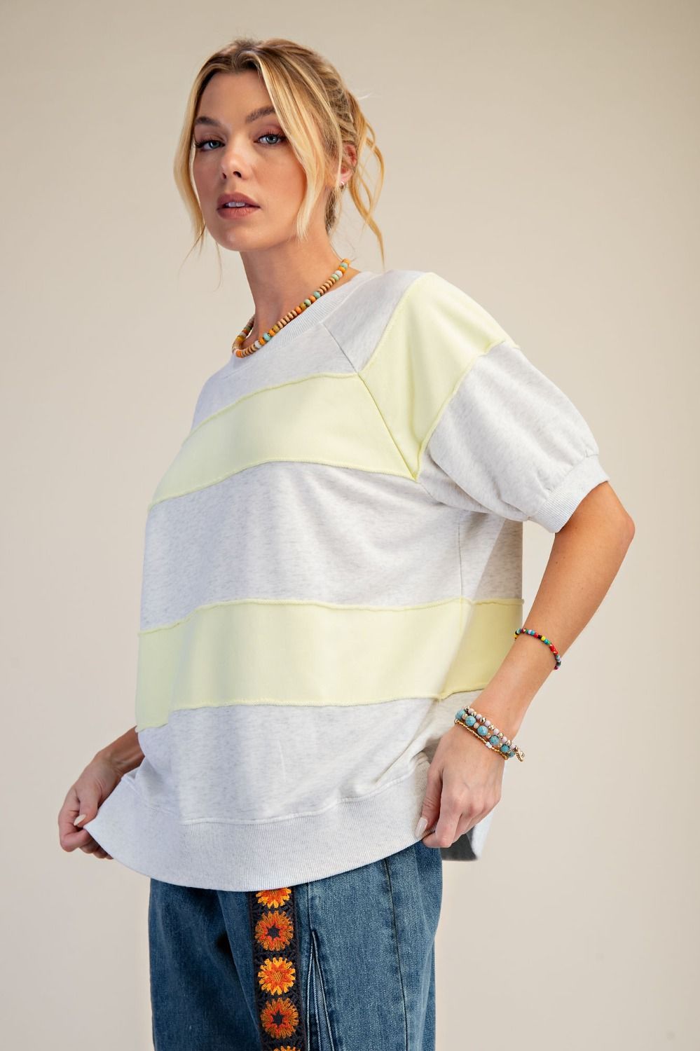 Easel Mineral Washed Boxy Rugby Striped Top in Light Heather Grey