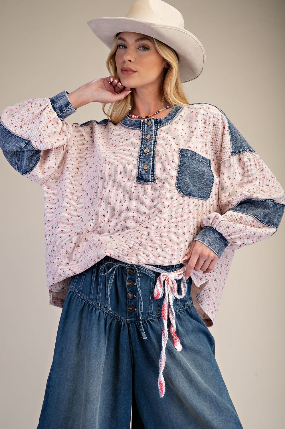 Easel Floral Thermal Henley Top with Denim Contrast in Blush ON ORDER