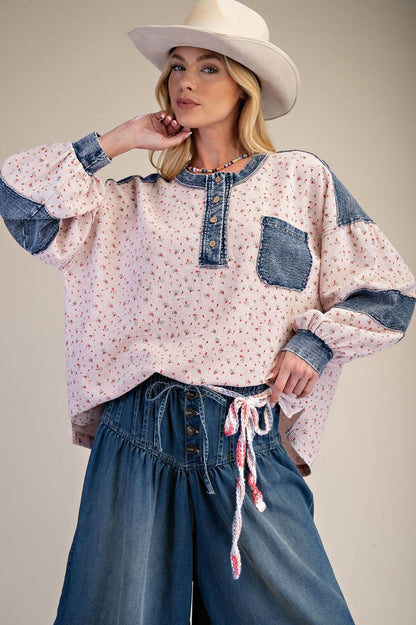 Easel Floral Thermal Henley Top with Denim Contrast in Blush ON ORDER
