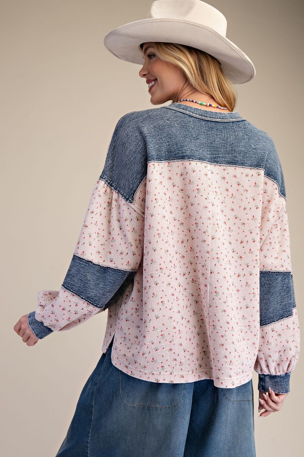 Easel Floral Thermal Henley Top with Denim Contrast in Blush ON ORDER