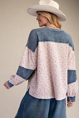 Easel Floral Thermal Henley Top with Denim Contrast in Blush ON ORDER