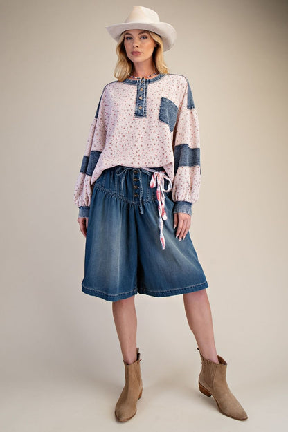 Easel Floral Thermal Henley Top with Denim Contrast in Blush ON ORDER