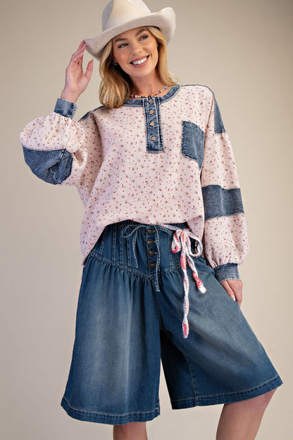 Easel Floral Thermal Henley Top with Denim Contrast in Blush ON ORDER