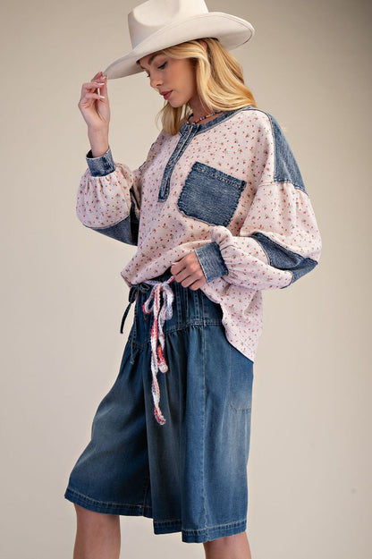 Easel Floral Thermal Henley Top with Denim Contrast in Blush ON ORDER