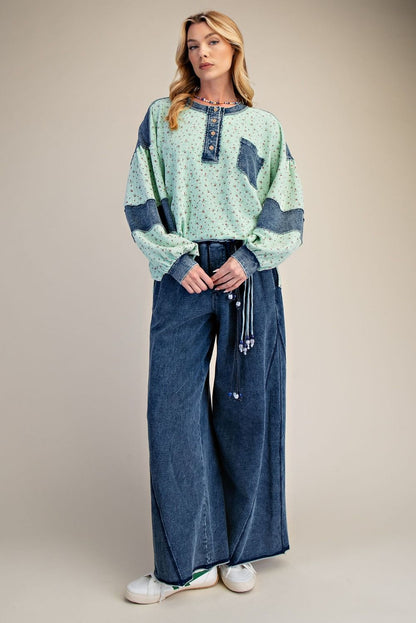 Easel Floral Thermal Henley Top with Denim Contrast in Mint Green