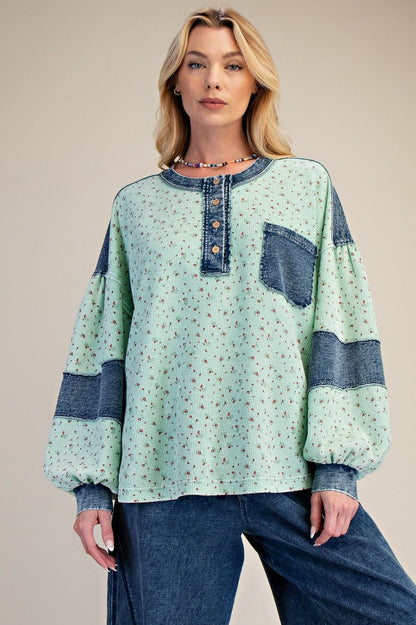 Easel Floral Thermal Henley Top with Denim Contrast in Mint Green