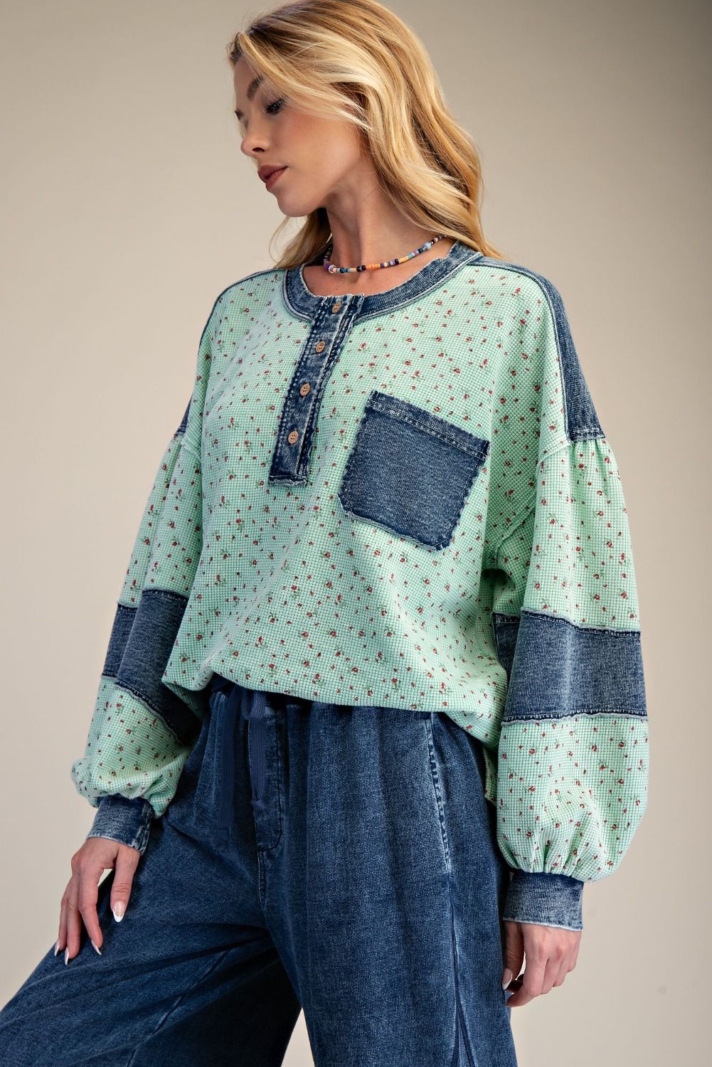 Easel Floral Thermal Henley Top with Denim Contrast in Mint Green