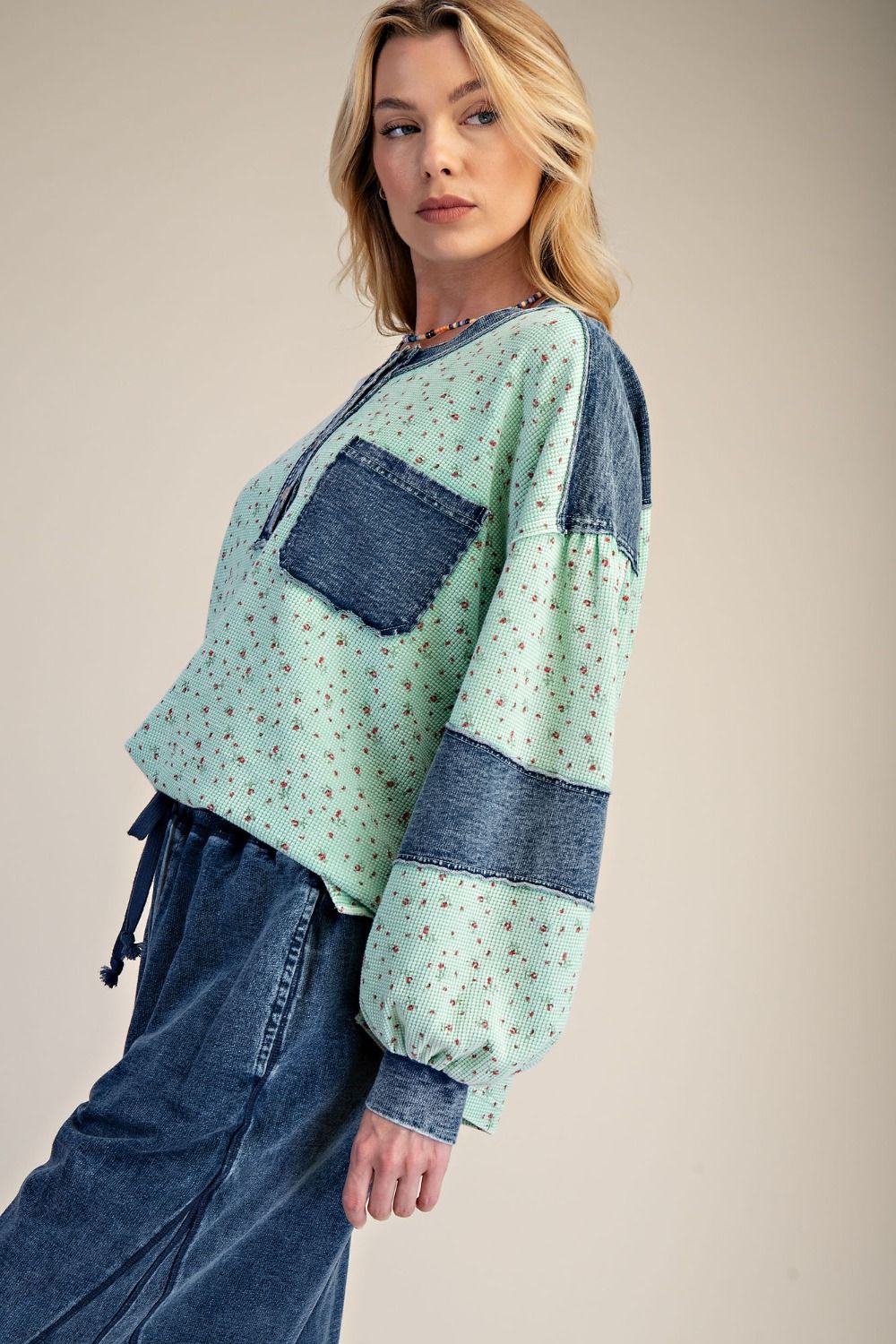 Easel Floral Thermal Henley Top with Denim Contrast in Mint Green