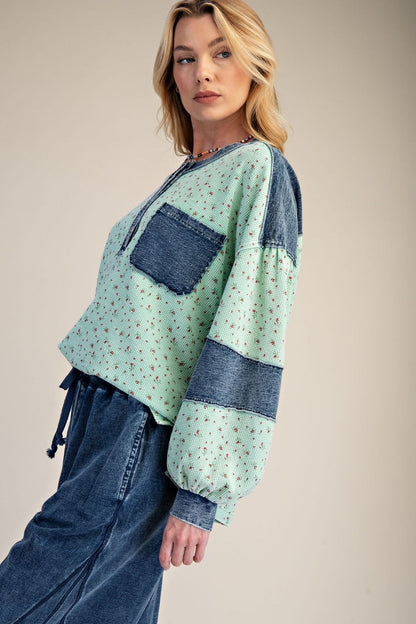 Easel Floral Thermal Henley Top with Denim Contrast in Mint Green