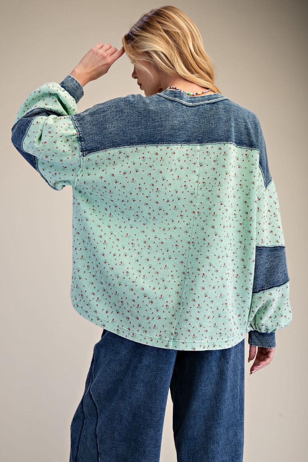 Easel Floral Thermal Henley Top with Denim Contrast in Mint Green